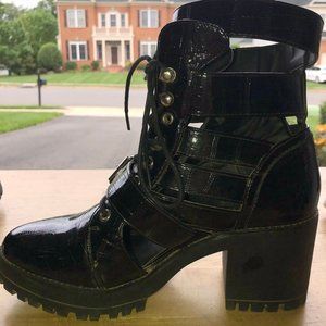 Black Cut Out Lace Up Buckle Heeled Boots